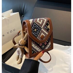 Woven Geometric Crossbody Bag with Brown Trim